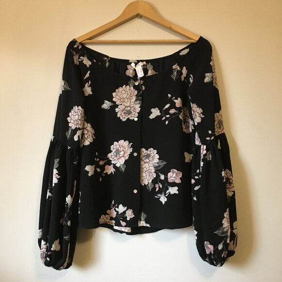 Off Shoulder Barmaid Sleeve Floral Mother of Pearl Button Up Blouse - Picture 1 of 14